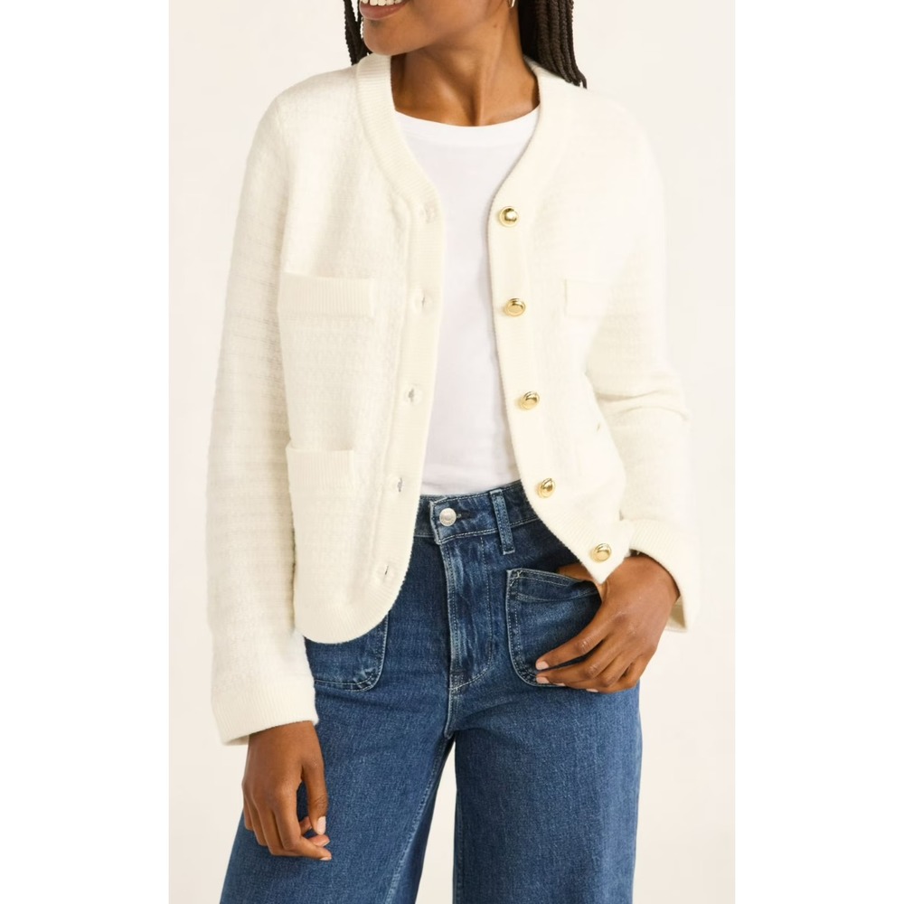 Free Assembly Womens Sweater Cardigan XS Cream Welt Pocket Lightweight Classic